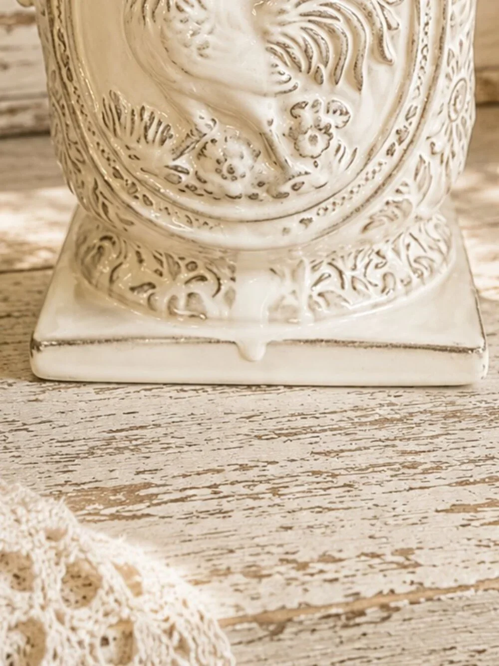 Vintage Collectible Ceramic Embossed Rooster and Country Floral Pattern Planter